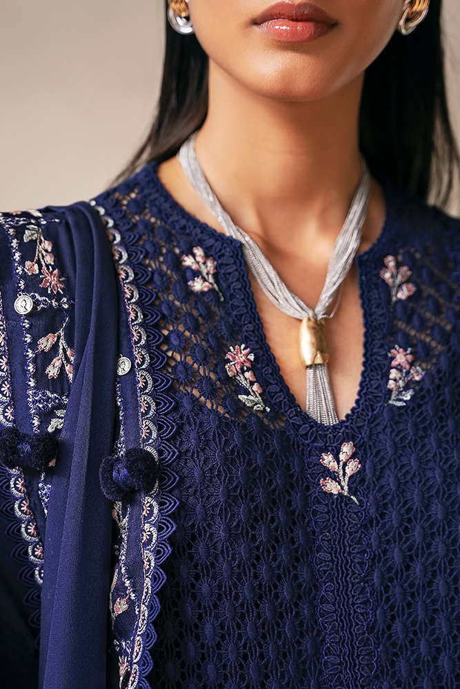 Model Wearing Suffuse by Sana Yasir SAHRA Midnight Blue front-open A-line shirt with pants for Casual Dress- Pakistani Designer wear for Women in UK | Kifat