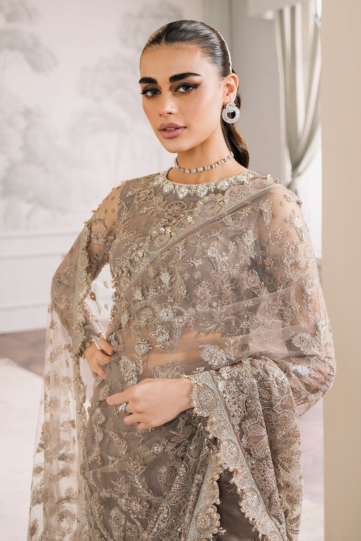Baroque CH12-06 Beige Slit Maxi,Saree for Formal Events - Pakistani Designer Wear for Women in UK | Kifat