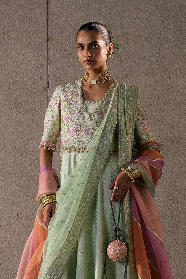 Model Wearing Suffuse by Sana Yasir Aymara Icy Mint Pishwas for Wedding Wear - Pakistani Designer wear for Women in UK | Kifat