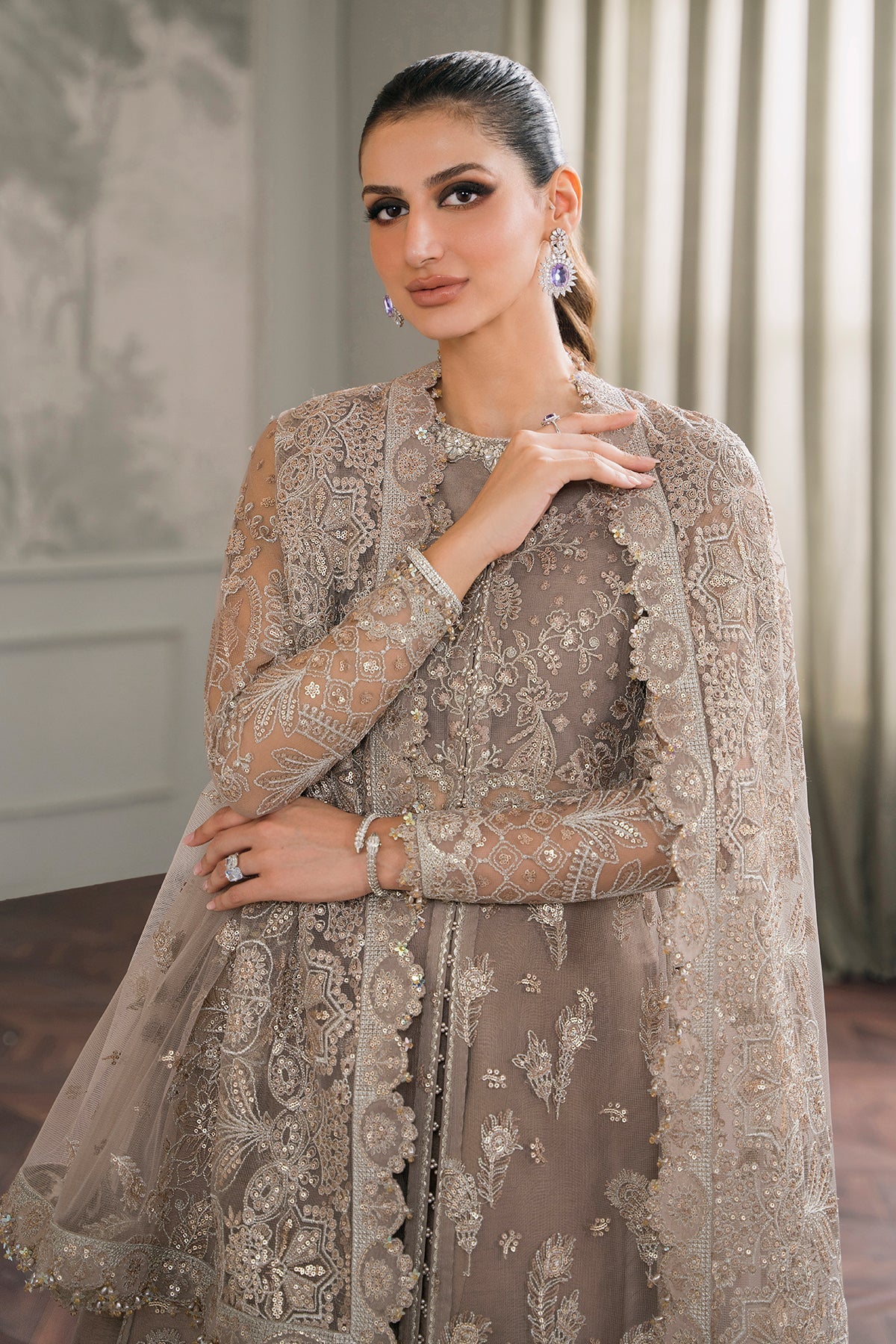 Baroque CH12-06 Beige Slit Maxi,Saree for Formal Events - Pakistani Designer Wear for Women in UK | Kifat