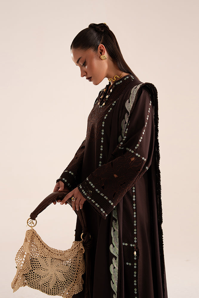 Model Wearing Suffuse by Sana Yasir RUVA Chocolate Brown Overlapped shirt with Culottes for Casual Dress- Pakistani Designer wear for Women in UK | Kifat