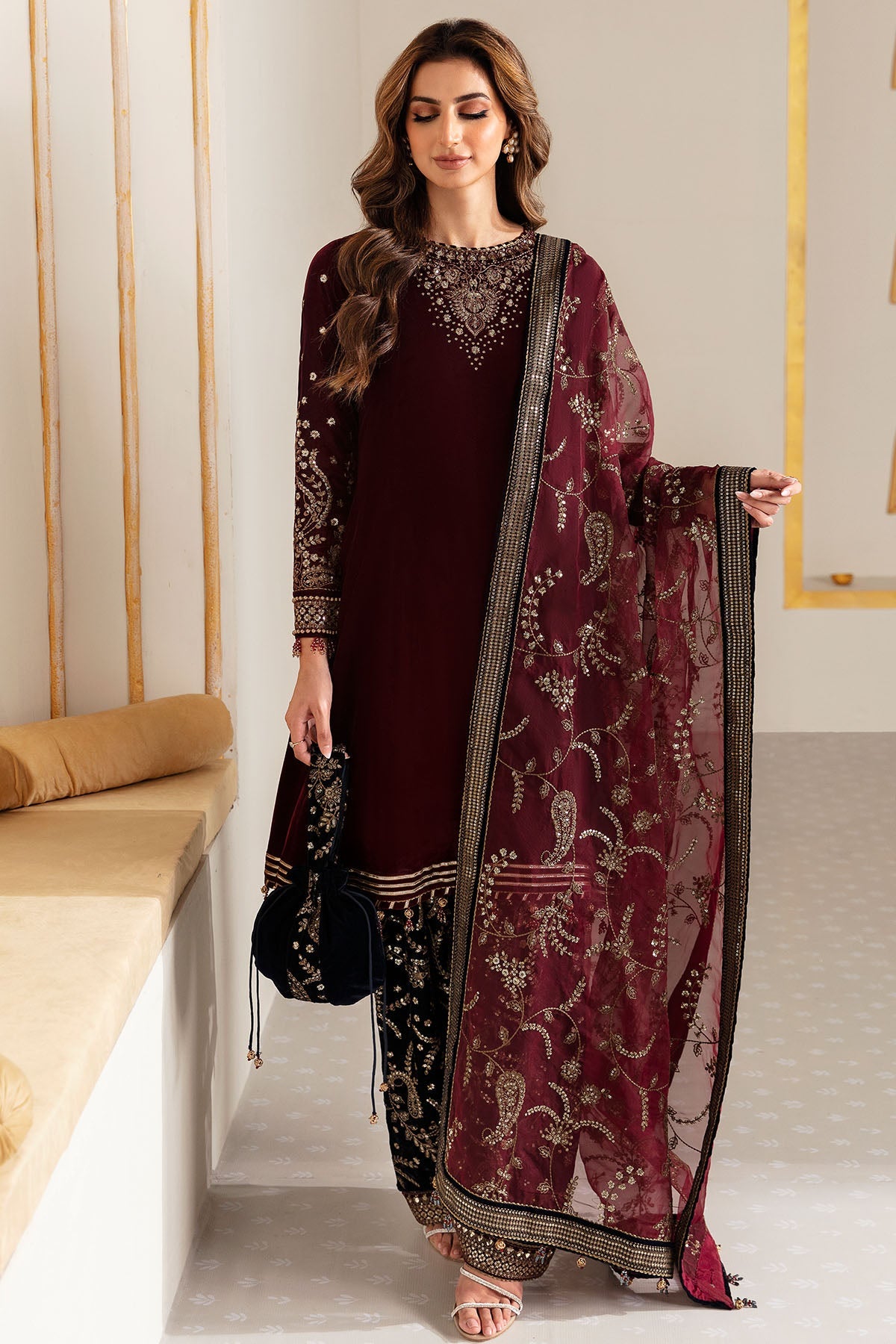 Women Wearing Embroidered Velvet Formal VF-2018 Maroon Short Shirt for Wedding Events - Pakistani Designer Wear for Women in UK | Kifat