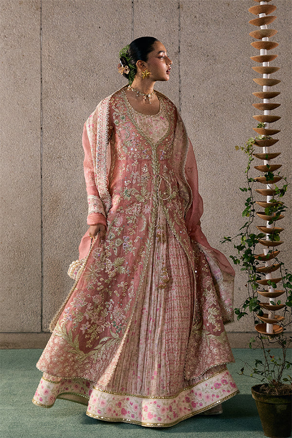 Model Wearing Suffuse by Sana Yasir Novara Rose coral Pishwas with Sharara Pants for Wedding Wear - Pakistani Designer wear for Women in UK | Kifat