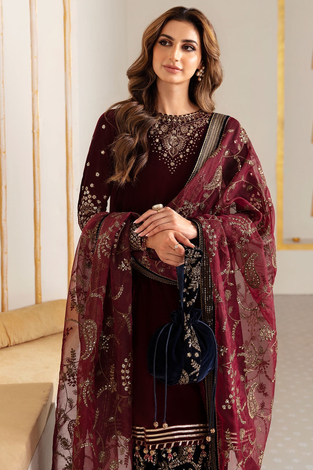Women Wearing Embroidered Velvet Formal VF-2018 Maroon Short Shirt for Wedding Events - Pakistani Designer Wear for Women in UK | Kifat