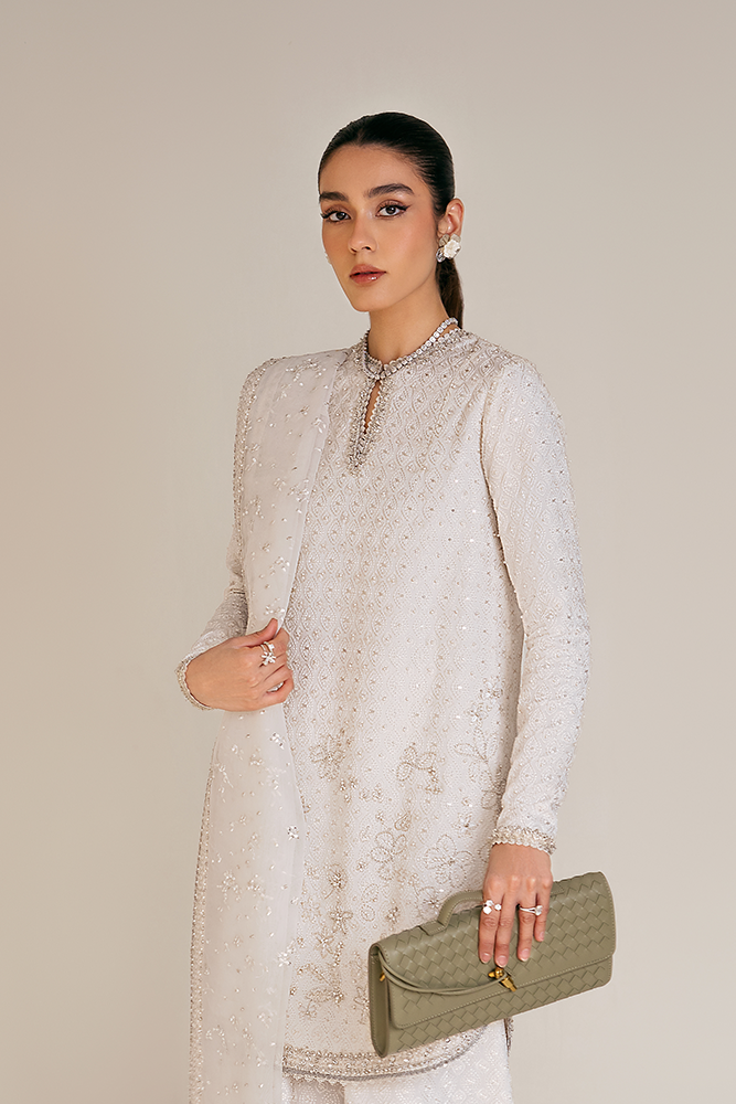 Model Wearing Suffuse by Sana Yasir ELUNA Ethereal White Shirt with wide azaar pants for Formal Events- Pakistani Designer wear for Women in UK | Kifat