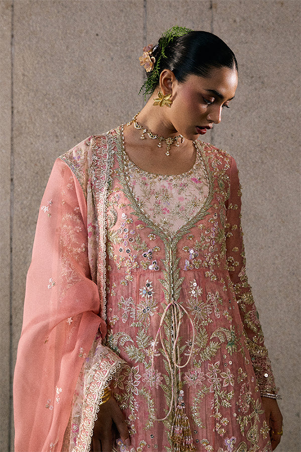 Model Wearing Suffuse by Sana Yasir Novara Rose coral Pishwas with Sharara Pants for Wedding Wear - Pakistani Designer wear for Women in UK | Kifat
