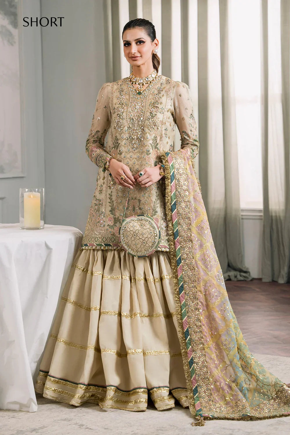 Baroque CH12-04 Ivory Long Shirt,Short Shirt with Gharara for Wedding Wear - Pakistani Designer Wear for Women in UK | Kifat