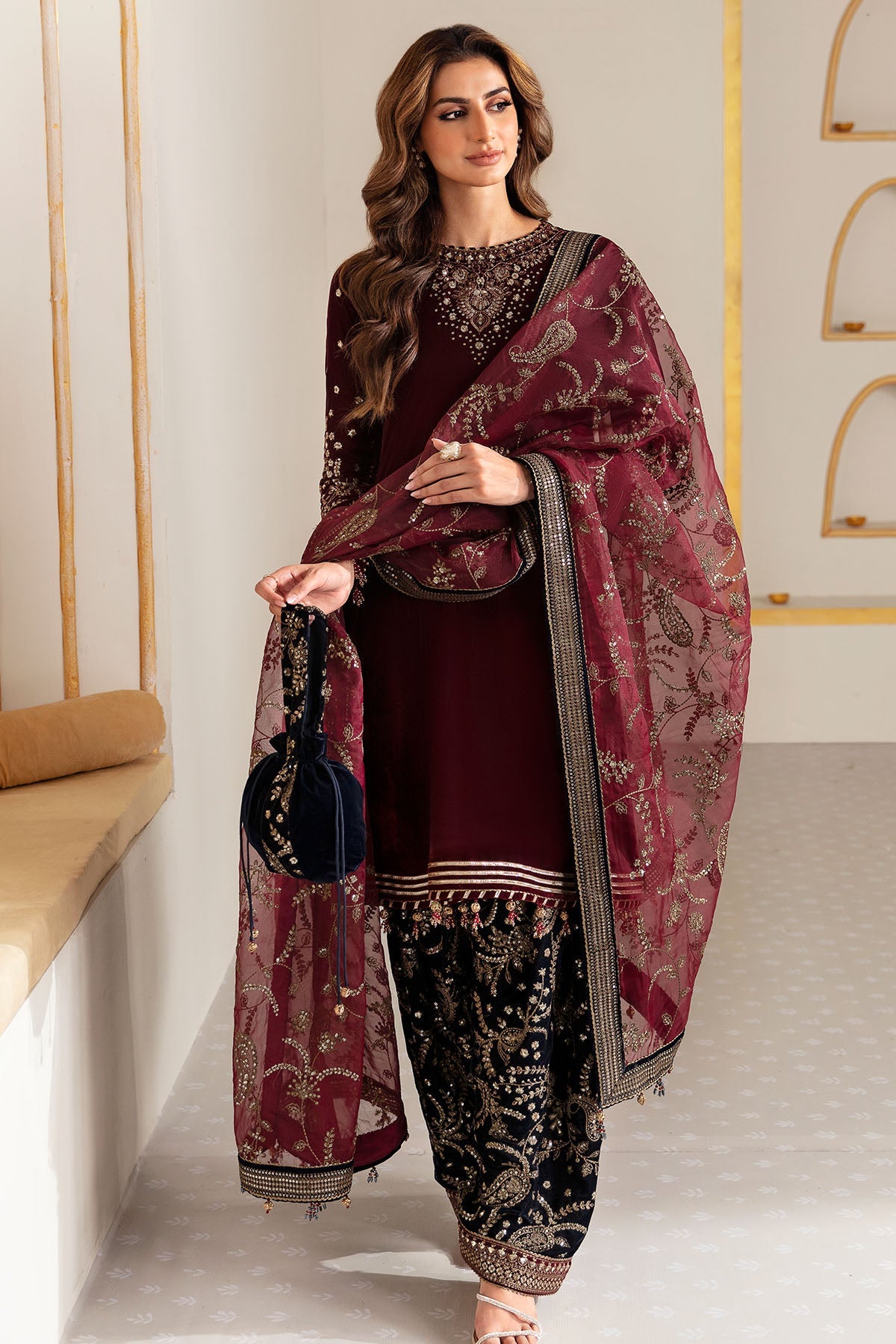 Women Wearing Embroidered Velvet Formal VF-2018 Maroon Short Shirt for Wedding Events - Pakistani Designer Wear for Women in UK | Kifat