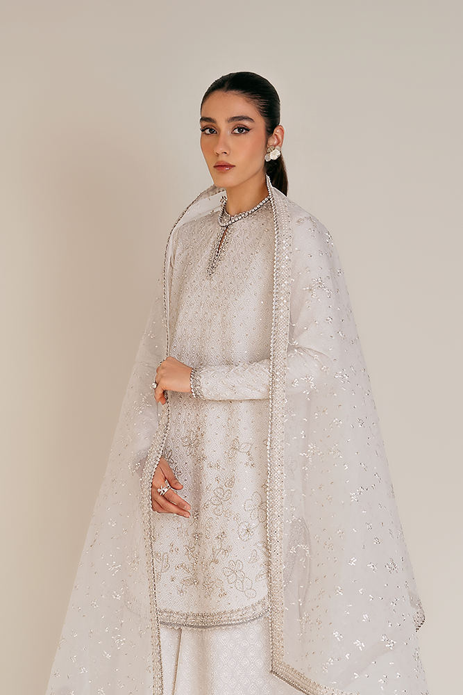 Model Wearing Suffuse by Sana Yasir ELUNA Ethereal White Shirt with wide azaar pants for Formal Events- Pakistani Designer wear for Women in UK | Kifat
