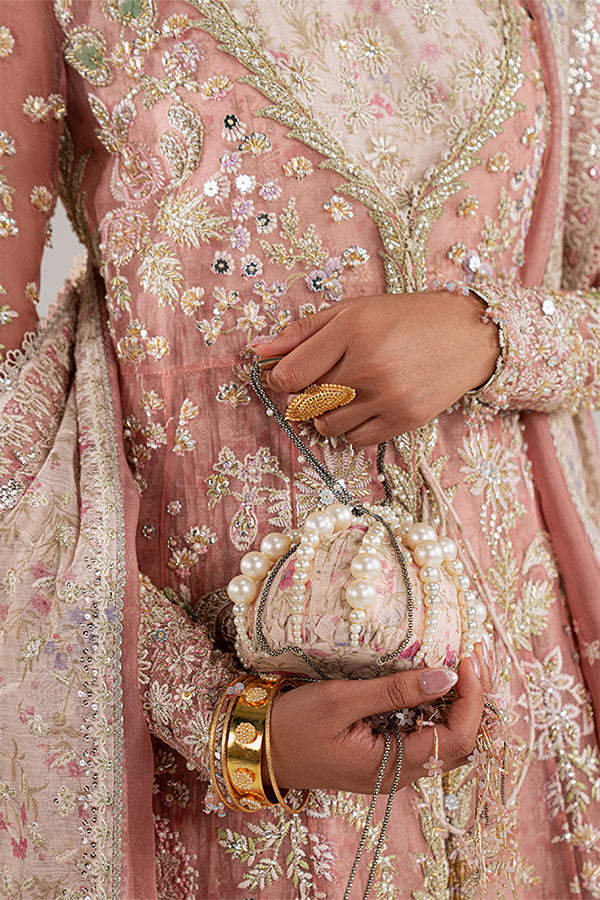 Model Wearing Suffuse by Sana Yasir Novara Rose coral Pishwas with Sharara Pants for Wedding Wear - Pakistani Designer wear for Women in UK | Kifat