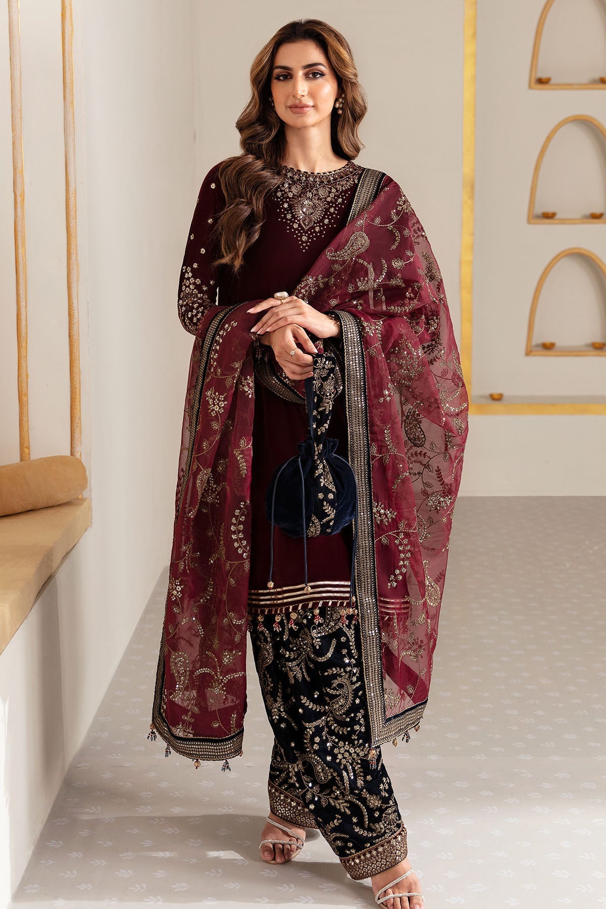 Women Wearing Embroidered Velvet Formal VF-2018 Maroon Short Shirt for Wedding Events - Pakistani Designer Wear for Women in UK | Kifat