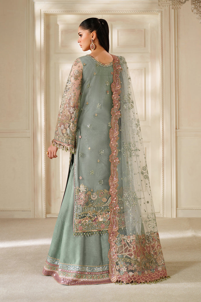 Baroque CH14-06 Mint Green Gown with Inner Shirt & Trouser,Mid - Calf Shirt with Sharara Pants for Formal Events - Pakistani Designer Wear for Women in UK | Kifat