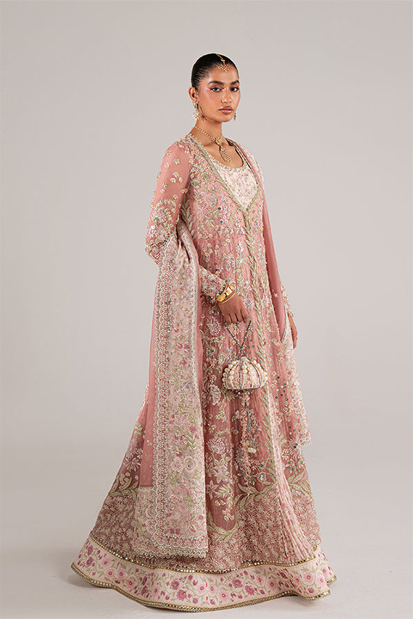 Model Wearing Suffuse by Sana Yasir Novara Rose coral Pishwas with Sharara Pants for Wedding Wear - Pakistani Designer wear for Women in UK | Kifat