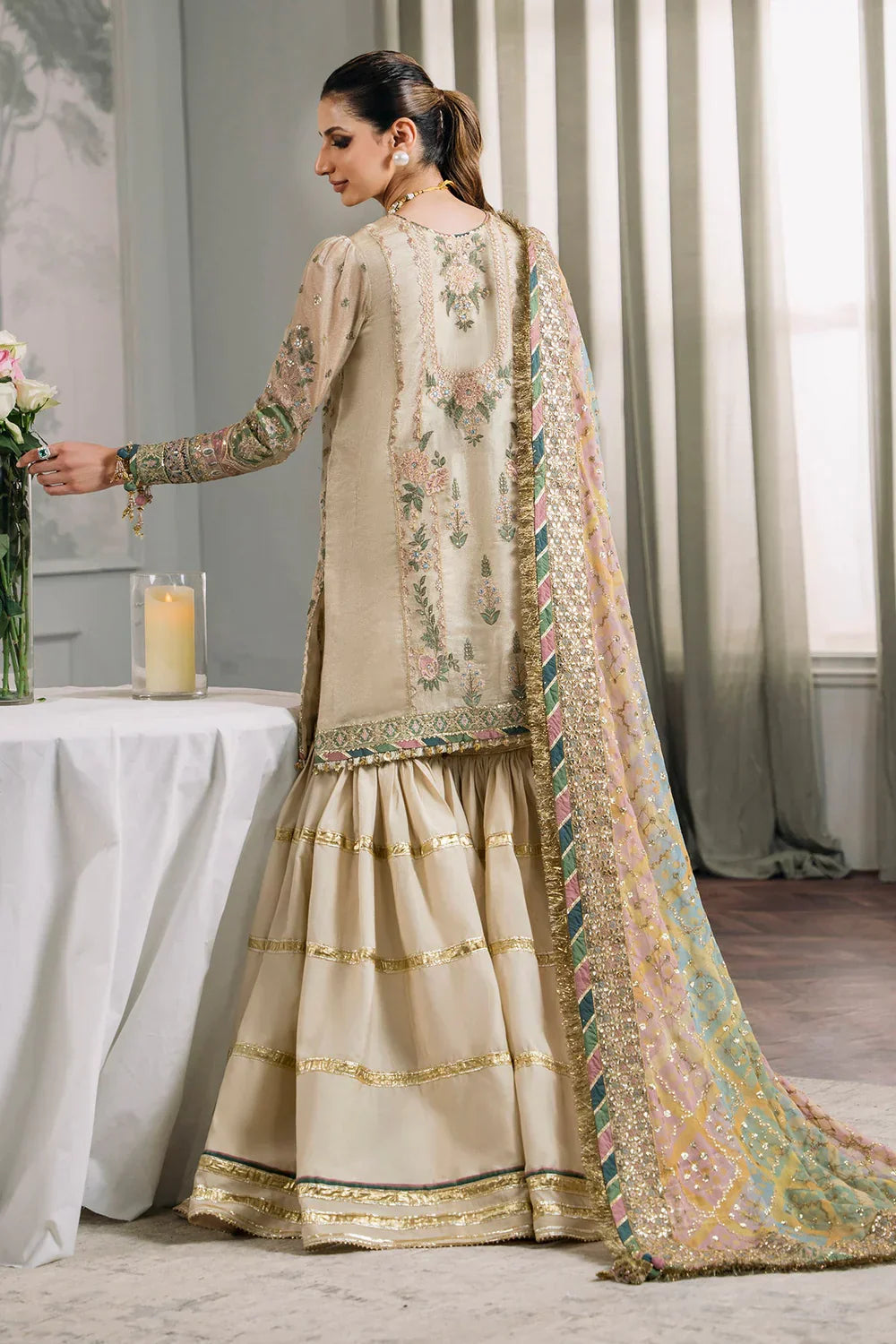 Baroque CH12-04 Ivory Long Shirt,Short Shirt with Gharara for Wedding Wear - Pakistani Designer Wear for Women in UK | Kifat