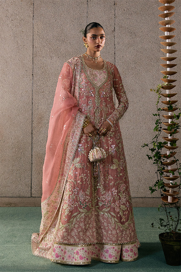 Model Wearing Suffuse by Sana Yasir Novara Rose coral Pishwas with Sharara Pants for Wedding Wear - Pakistani Designer wear for Women in UK | Kifat