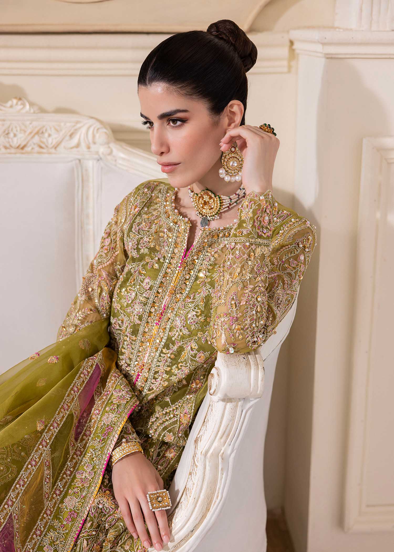 Kanwal Malik Olive Green Shirt with Crushed Pants for Luxury Wedding wear - Pakistani Designer Wear for Women in UK | Kifat