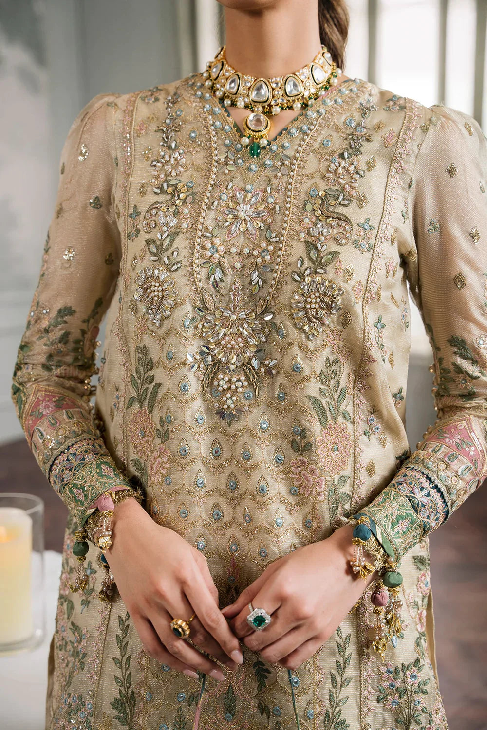 Baroque CH12-04 Ivory Long Shirt,Short Shirt with Gharara for Wedding Wear - Pakistani Designer Wear for Women in UK | Kifat