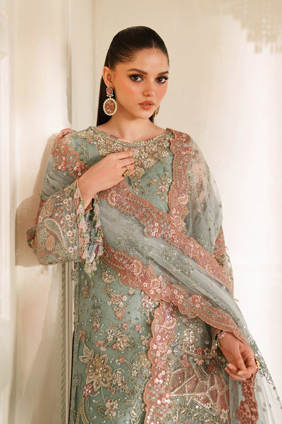 Baroque CH14-06 Mint Green Gown with Inner Shirt & Trouser,Mid - Calf Shirt with Sharara Pants for Formal Events - Pakistani Designer Wear for Women in UK | Kifat