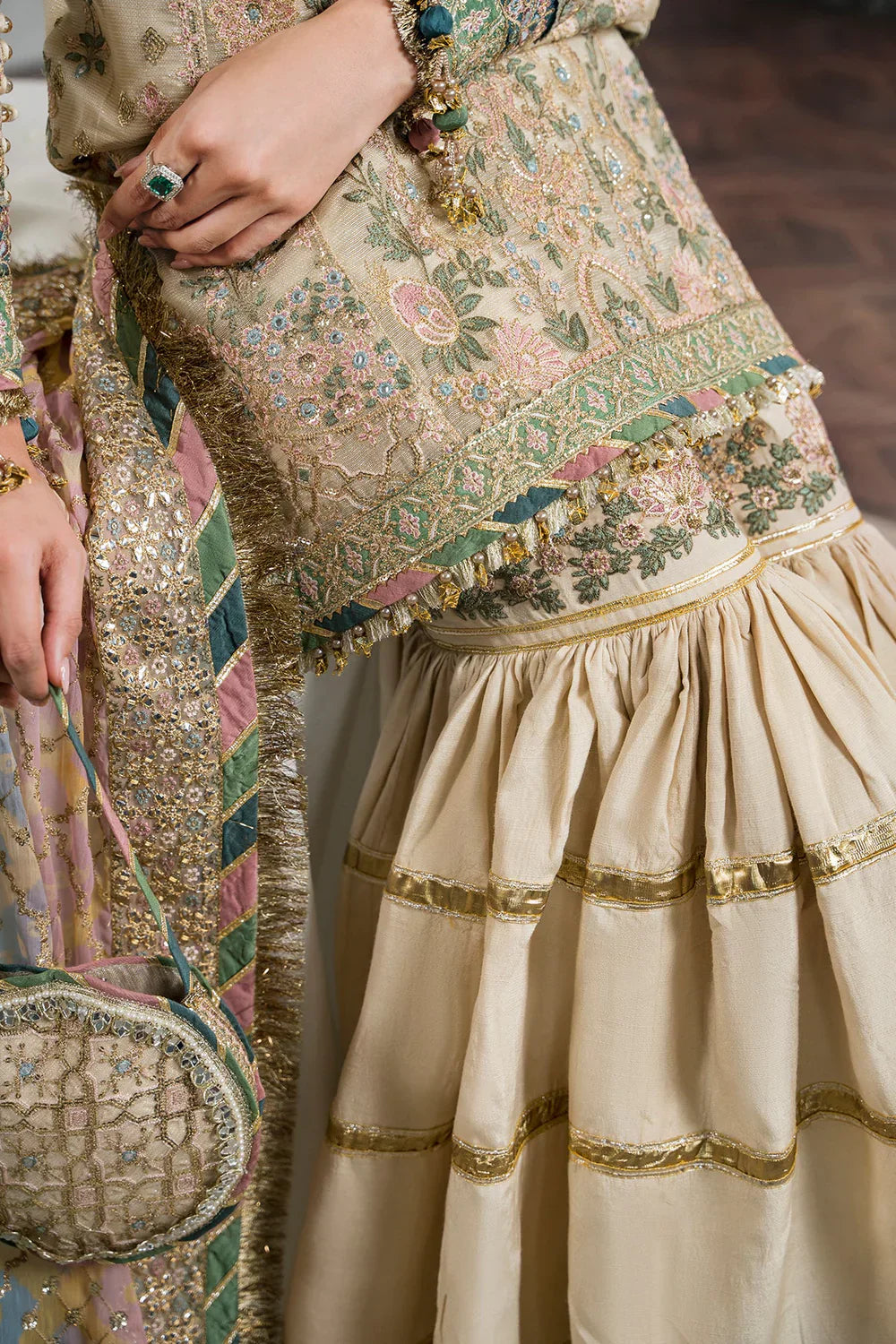 Baroque CH12-04 Ivory Long Shirt,Short Shirt with Gharara for Wedding Wear - Pakistani Designer Wear for Women in UK | Kifat