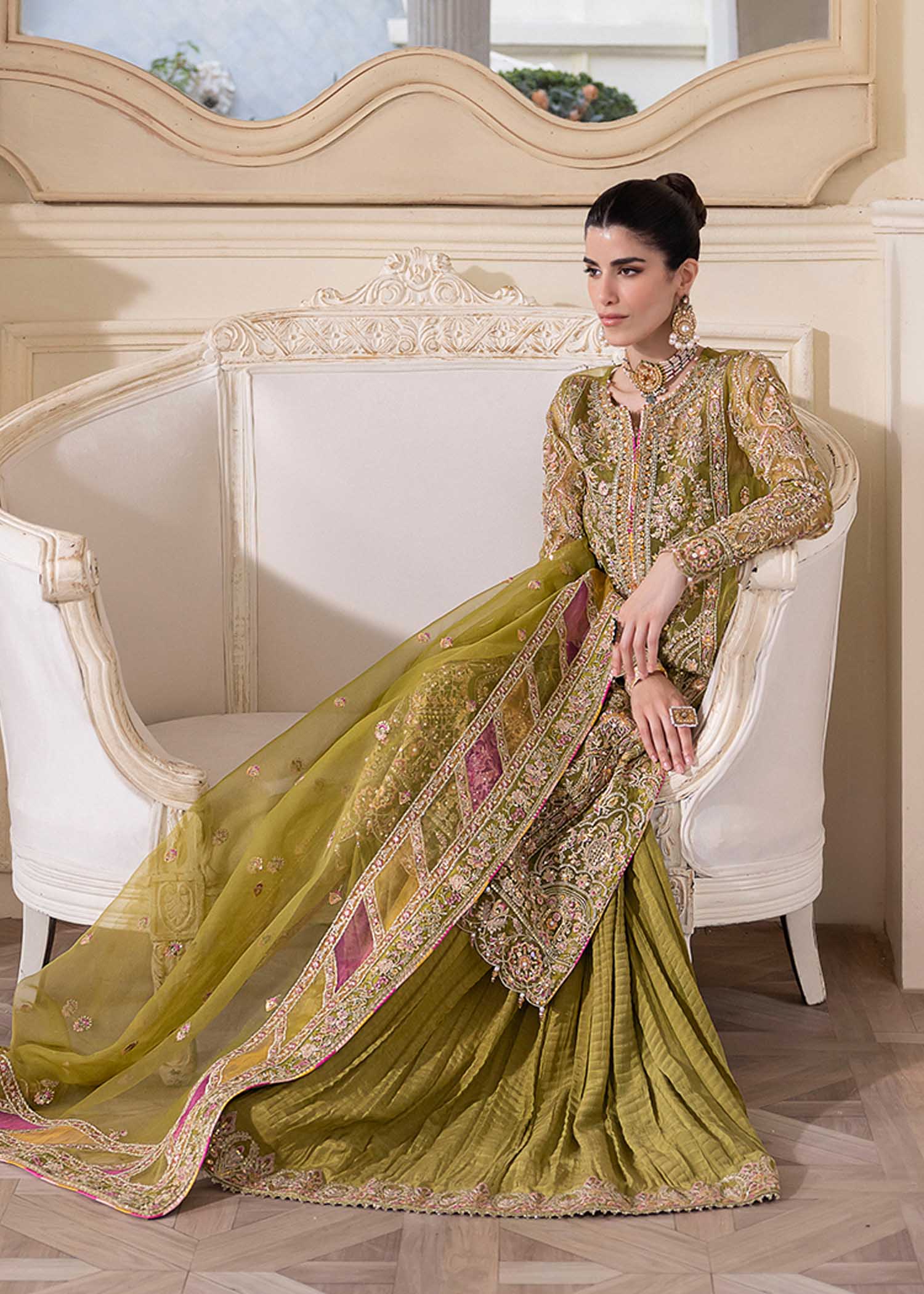Kanwal Malik Olive Green Shirt with Crushed Pants for Luxury Wedding wear - Pakistani Designer Wear for Women in UK | Kifat