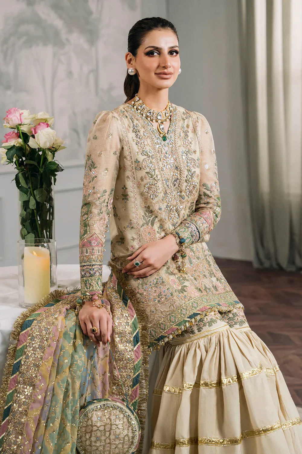 Baroque CH12-04 Ivory Long Shirt,Short Shirt with Gharara for Wedding Wear - Pakistani Designer Wear for Women in UK | Kifat