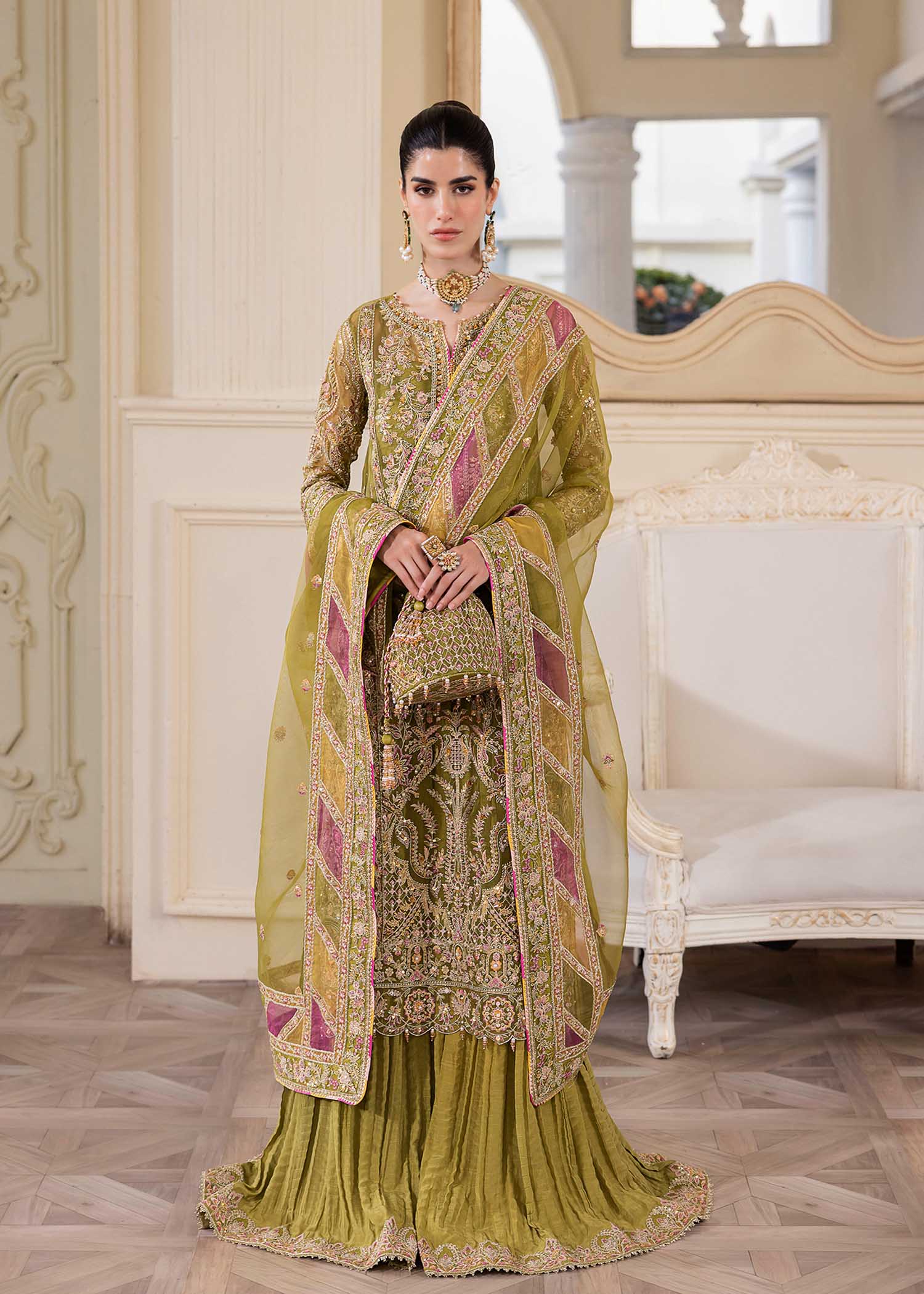 Kanwal Malik Olive Green Shirt with Crushed Pants for Luxury Wedding wear - Pakistani Designer Wear for Women in UK | Kifat