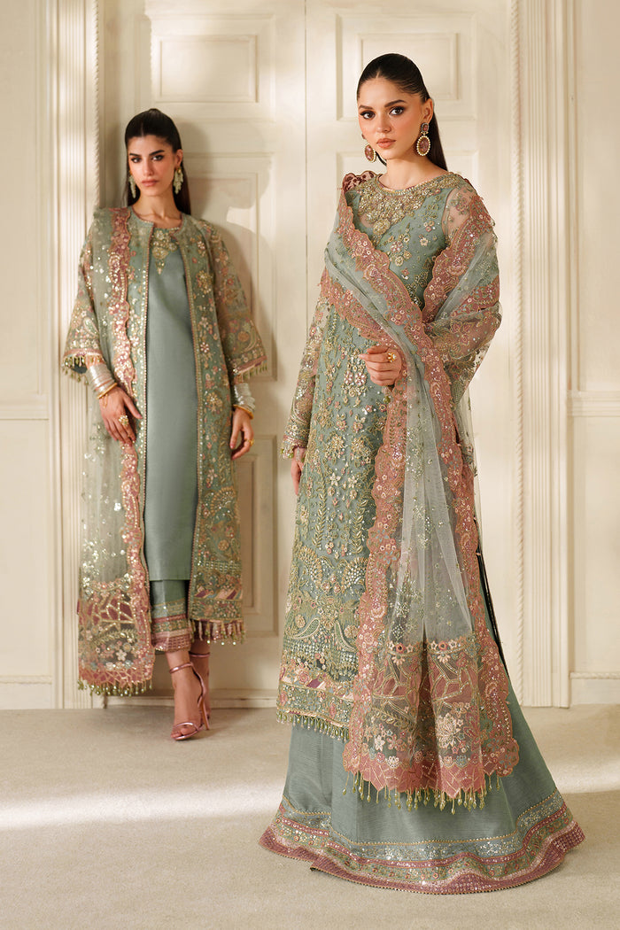 Baroque CH14-06 Mint Green Gown with Inner Shirt & Trouser,Mid - Calf Shirt with Sharara Pants for Formal Events - Pakistani Designer Wear for Women in UK | Kifat
