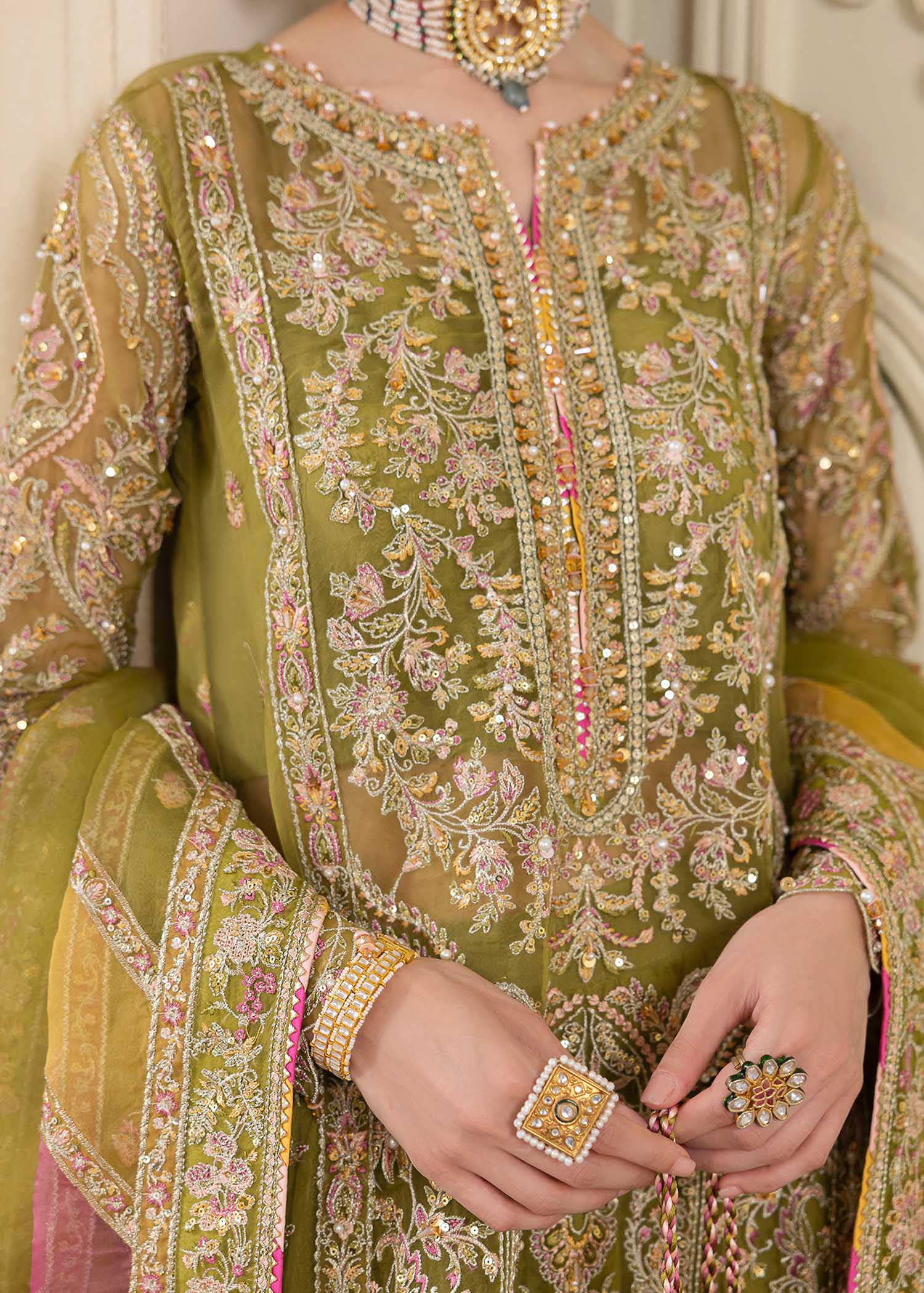 Kanwal Malik Olive Green Shirt with Crushed Pants for Luxury Wedding wear - Pakistani Designer Wear for Women in UK | Kifat
