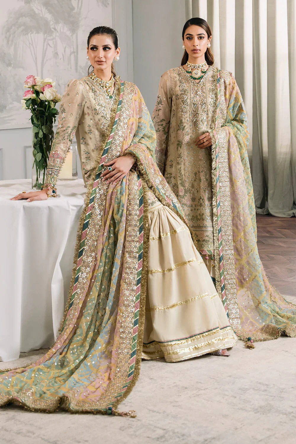 Baroque CH12-04 Ivory Long Shirt,Short Shirt with Gharara for Wedding Wear - Pakistani Designer Wear for Women in UK | Kifat