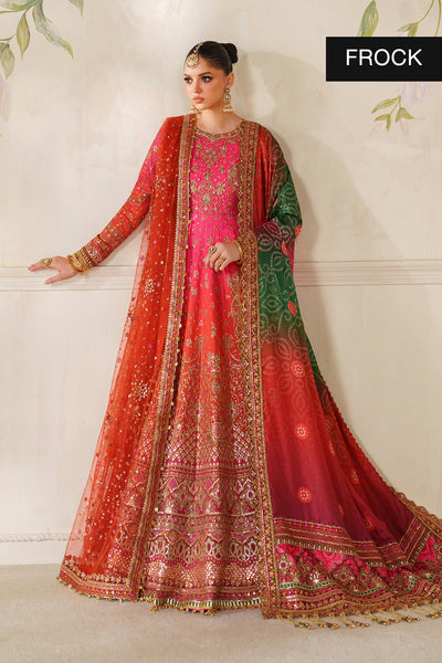 Baroque CH14-03 Hot Pink Lehenga Choli With Full Fitted Sleeves & Two Statement Dupattas,Peshwas With Basic Trouser & Two Statement Dupattas for Bridal Wear - Pakistani Designer Wear for Women in UK | Kifat