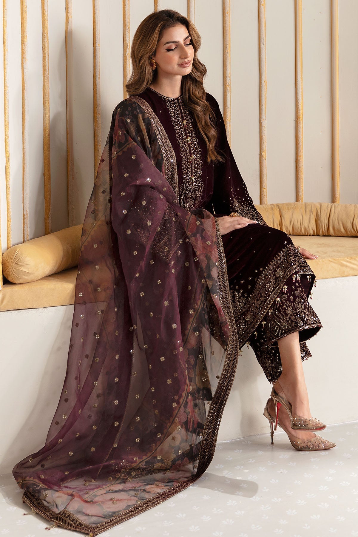 Women Wearing Embroidered Velvet Formal VF-2012 Maroon Long Shirt for Wedding Events - Pakistani Designer Wear for Women in UK | Kifat