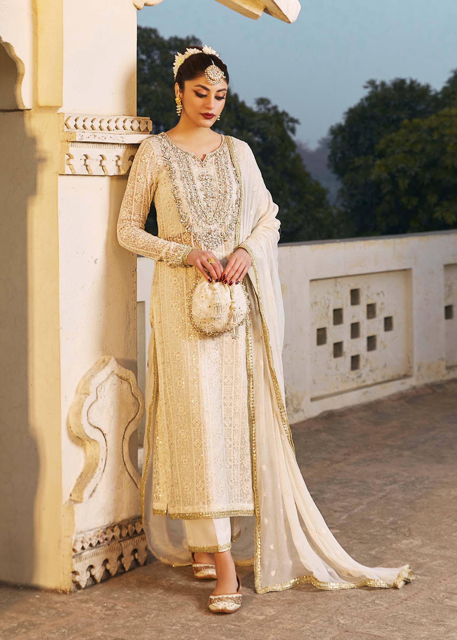 Kanwal Malik White Long Shirt with trouser for Luxury Wedding wear - Pakistani Designer Wear for Women in UK | Kifat