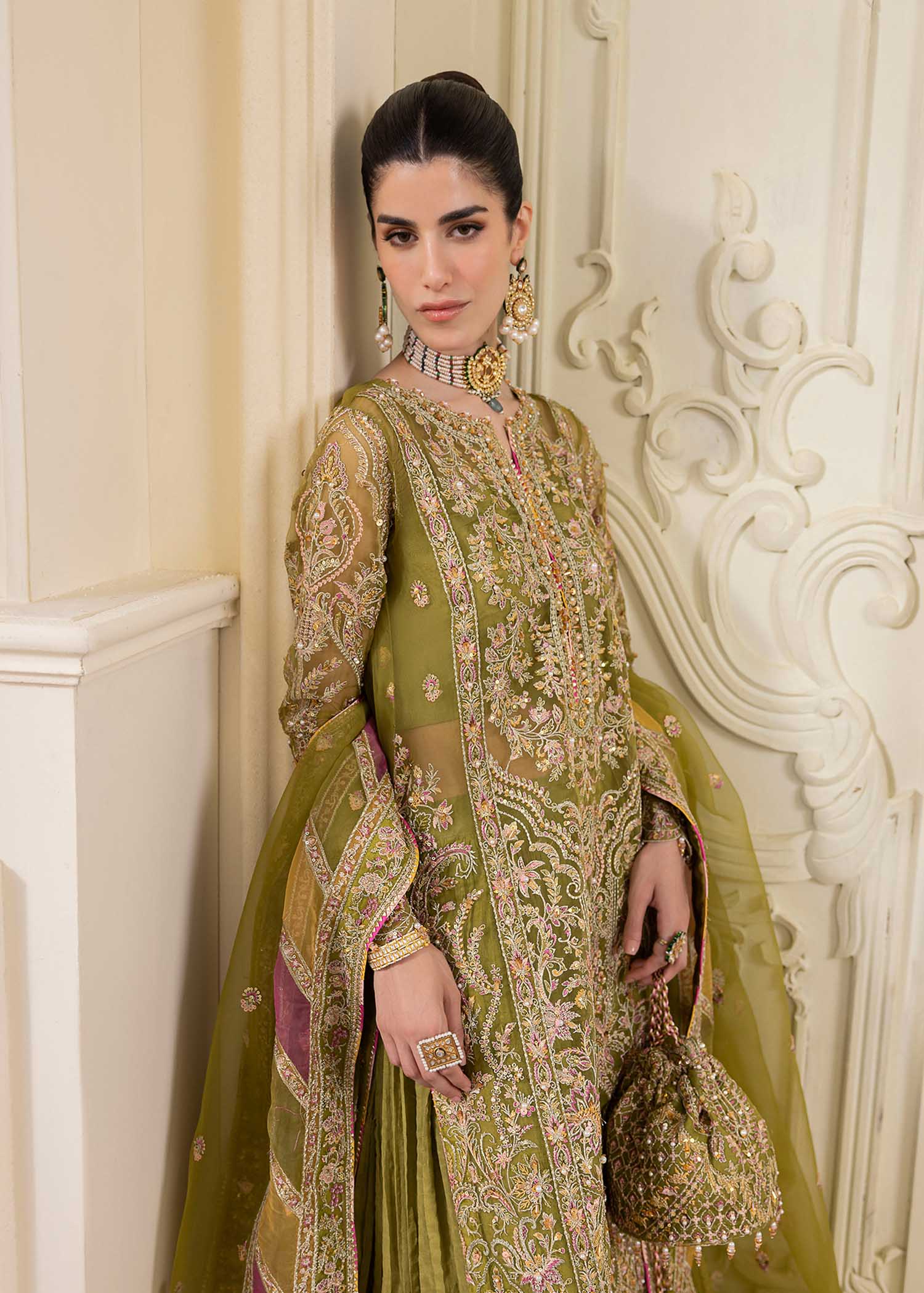 Kanwal Malik Olive Green Shirt with Crushed Pants for Luxury Wedding wear - Pakistani Designer Wear for Women in UK | Kifat