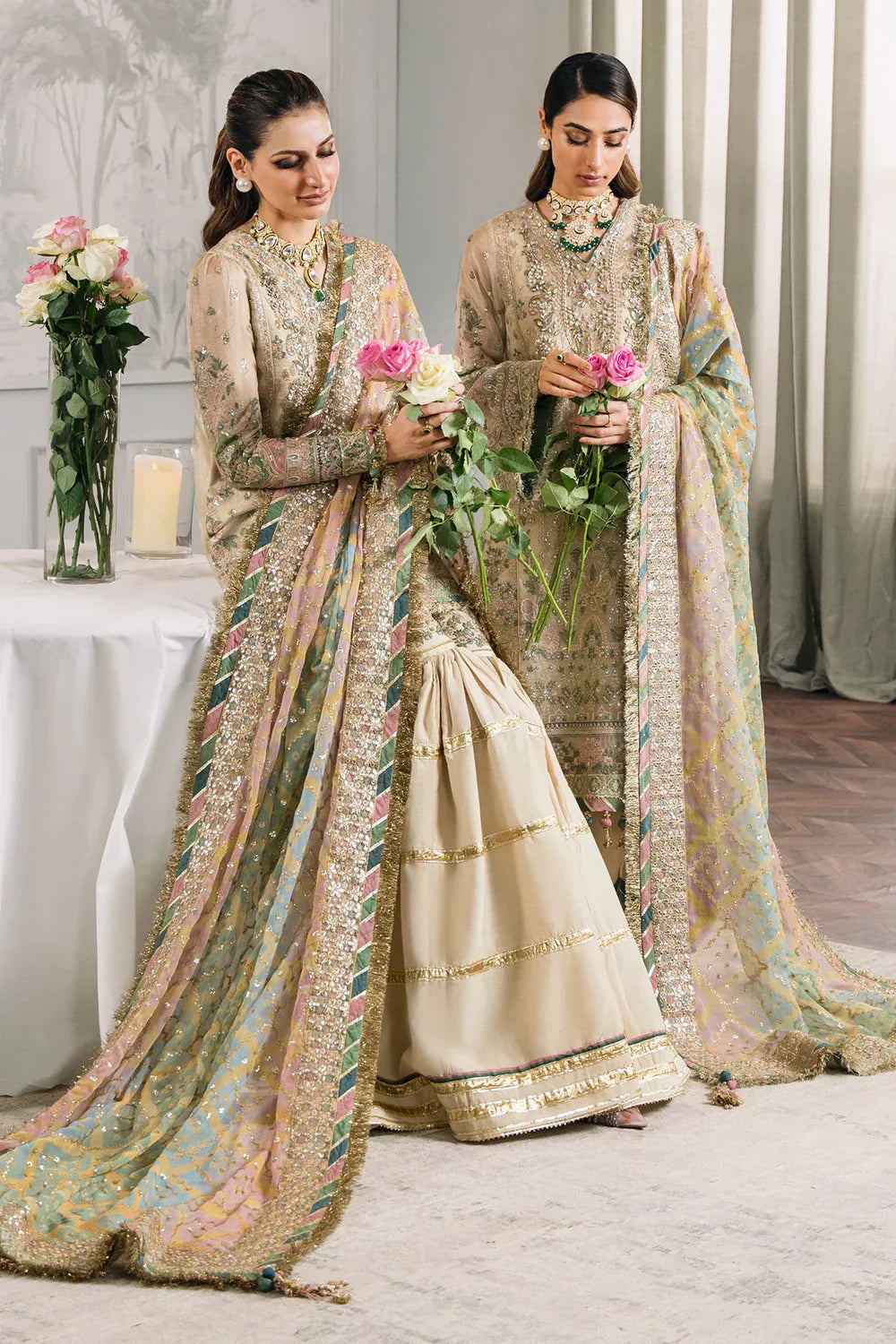 Baroque CH12-04 Ivory Long Shirt,Short Shirt with Gharara for Wedding Wear - Pakistani Designer Wear for Women in UK | Kifat