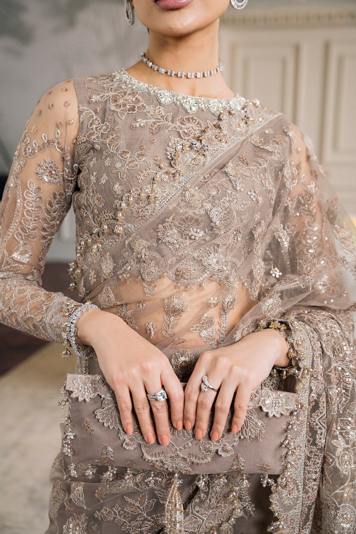 Baroque CH12-06 Beige Slit Maxi,Saree for Formal Events - Pakistani Designer Wear for Women in UK | Kifat