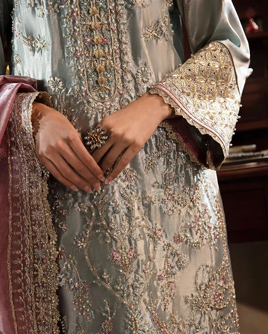 Women Wearing Amaya Aqua Silver Long Shirt for Formal Events - Pakistani Designer Wear for Women in UK | Kifat