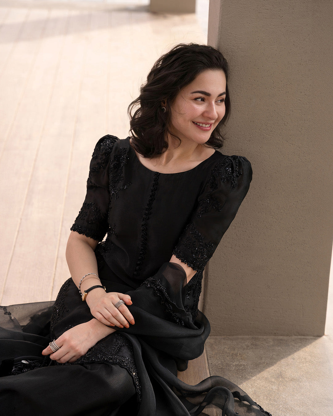 Model Wearing Faiza Saqlain Temirah Black Shirt with Shalwar for Ladies wear - Pakistani Designer Wear for Women in UK | Kifat