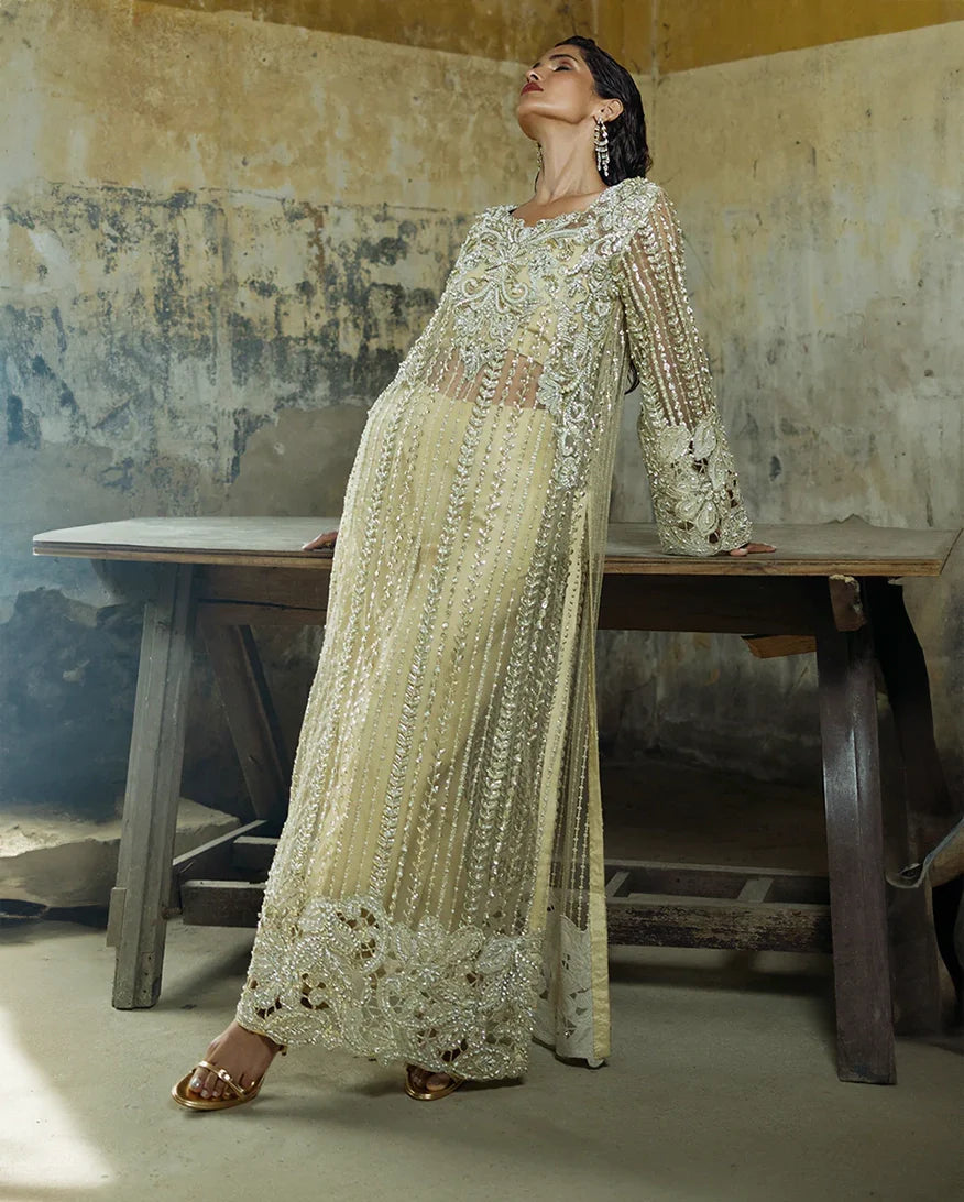 Women Wearing Marguerite Golden Long Shirt for Wedding Events - Pakistani Designer Wear for Women in UK | Kifat