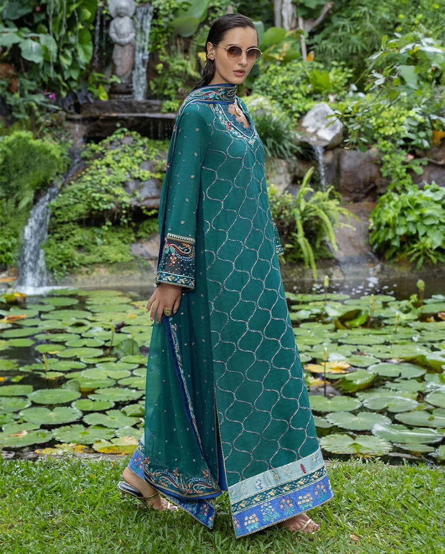 Women Wearing Valene Teal Blue Long Shirt for Festive Events - Pakistani Designer Wear for Women in UK | Kifat