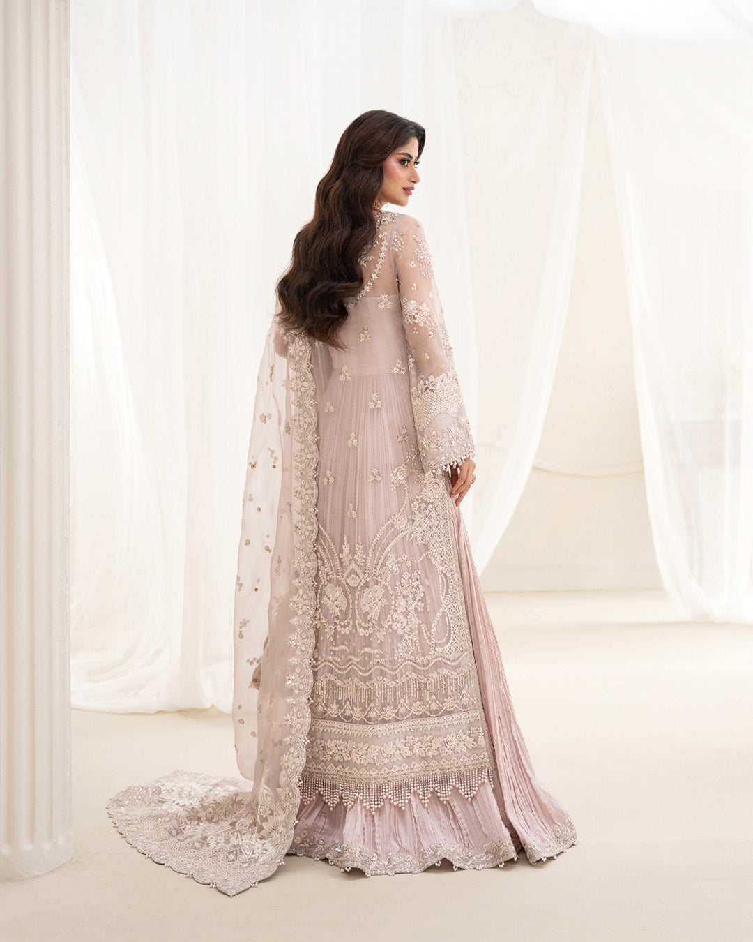 Model Wearing Faiza Saqlain Ela Dusty Rose Shirt with Trouser for formal events wear - Pakistani Designer Wear for Women in UK | Kifat