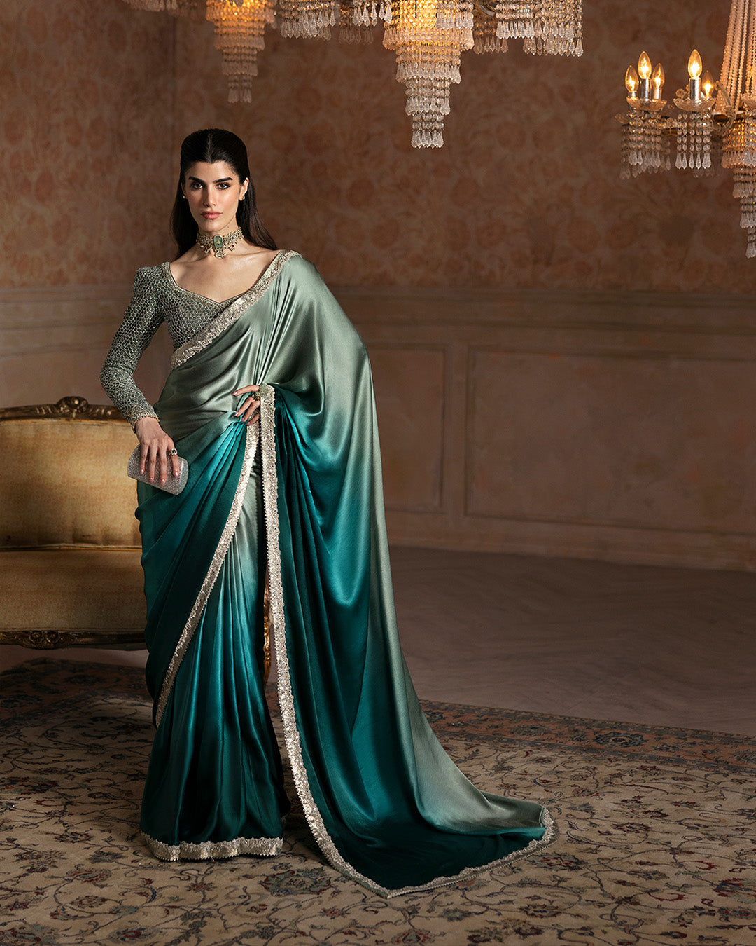 Model Wearing Faiza Saqlain Ailey Ombre Green Saree for wedding wear - Pakistani Designer Wear for Women in UK | Kifat