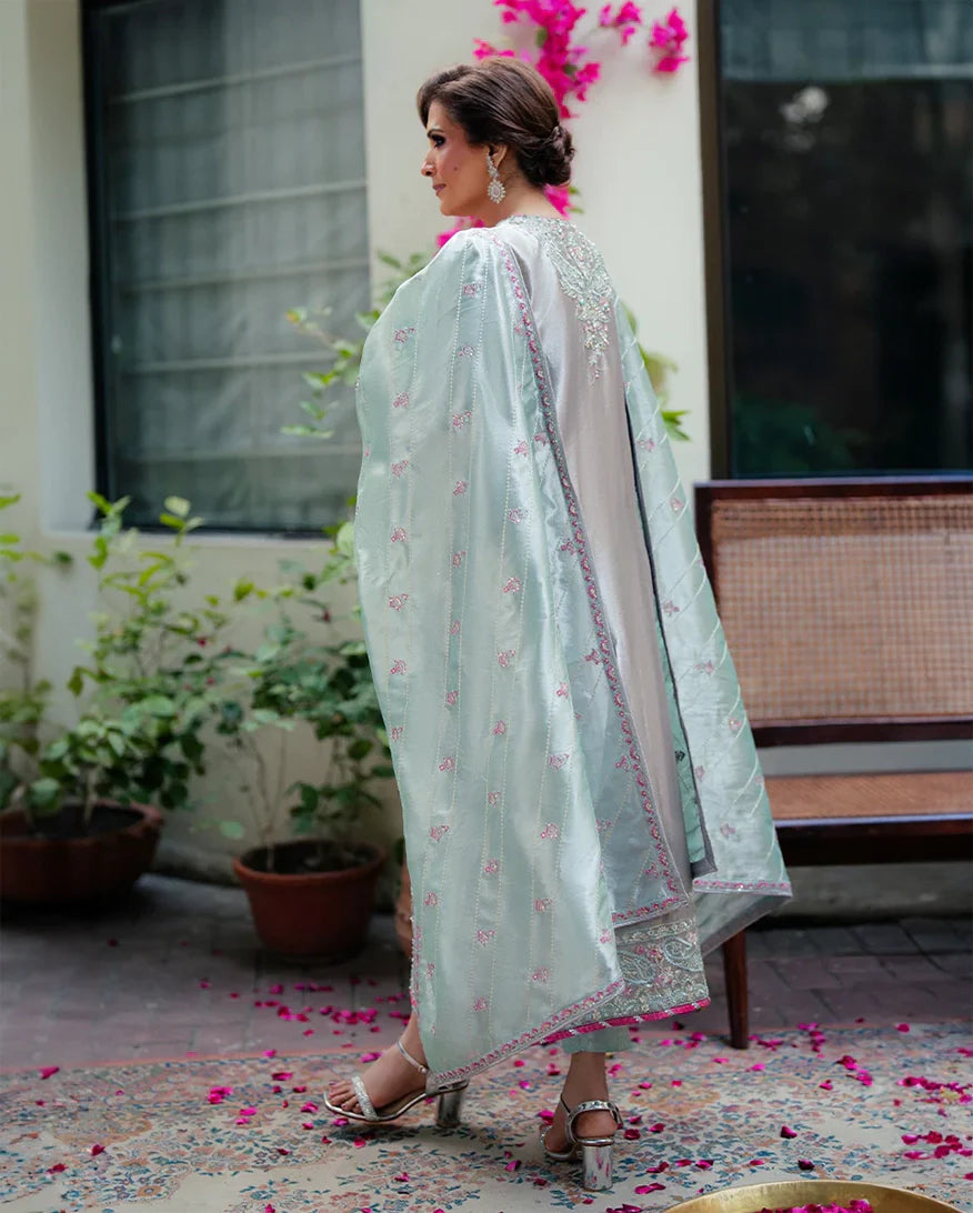 Women Wearing Resham Silver Long Shirt for Formal Events - Pakistani Designer Wear for Women in UK | Kifat
