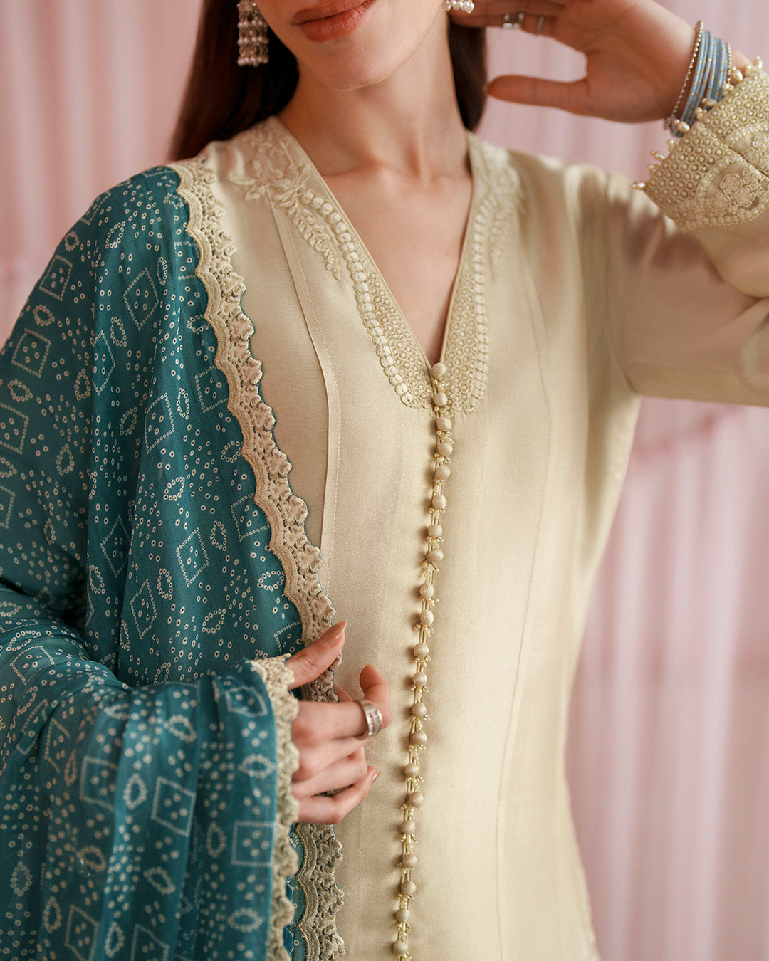 Women Wearing Rimaas Warm Ivory and Teal Shirt with Flared Pants for Luxury Events - Pakistani Designer Wear for Women in UK | Kifat