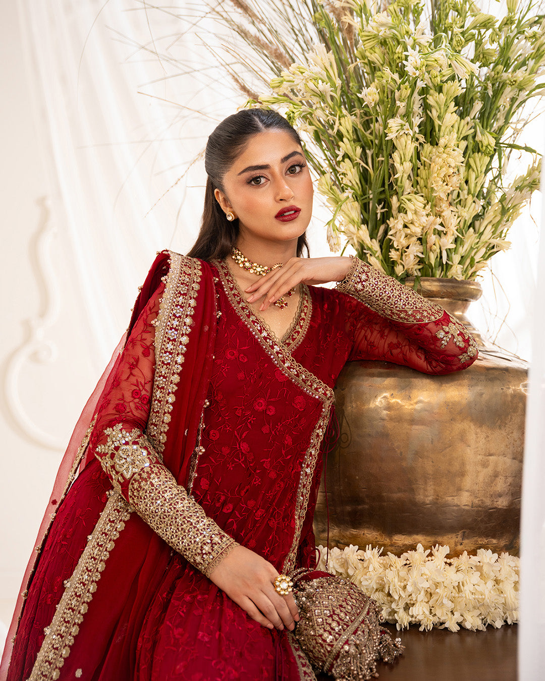 Model Wearing Faiza Saqlain Gul Scarlet Shirt with Churidar for wedding wear - Pakistani Designer Wear for Women in UK | Kifat