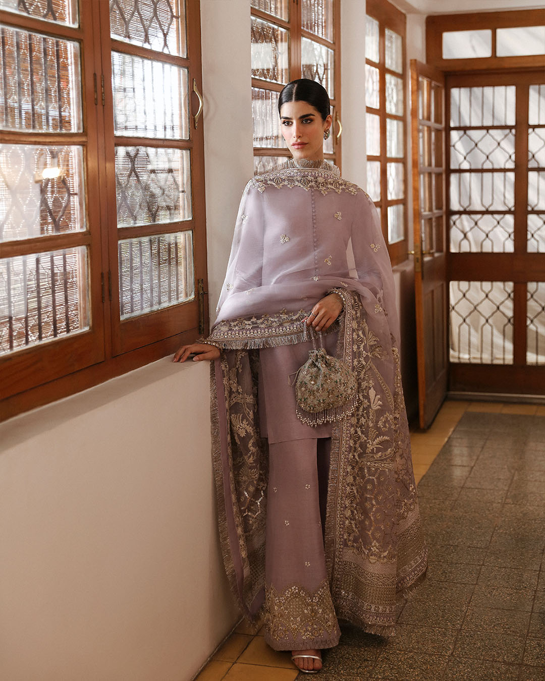 Model Wearing Faiza Saqlain Aurene Lilac Shirt with Flated Pants for formal events wear - Pakistani Designer Wear for Women in UK | Kifat