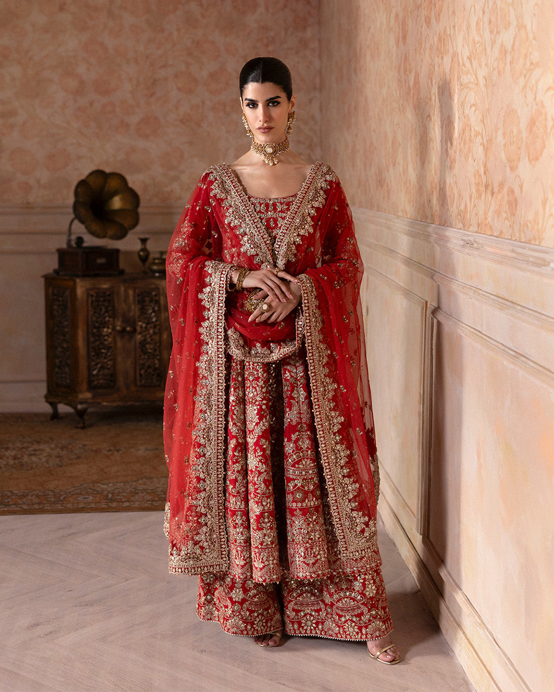 Model Wearing Faiza Saqlain Savina Coral Red Shirt with Culottes for wedding wear - Pakistani Designer Wear for Women in UK | Kifat