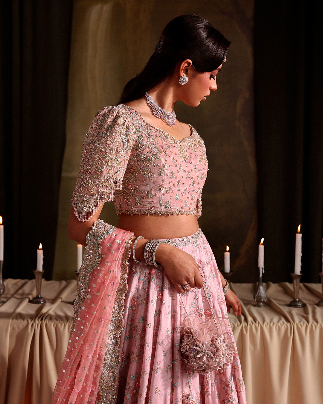 Model Wearing Faiza Saqlain Vanna Dusty Pink Shirt with Lehnga for wedding wear - Pakistani Designer Wear for Women in UK | Kifat
