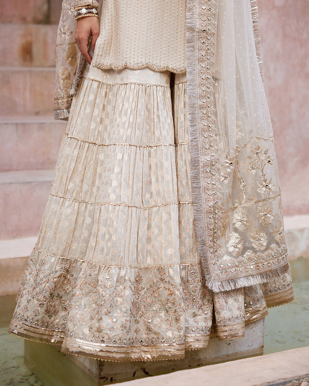 Model Wearing Faiza Saqlain Kaia Off-White Shirt with Gharara for wedding wear - Pakistani Designer Wear for Women in UK | Kifat