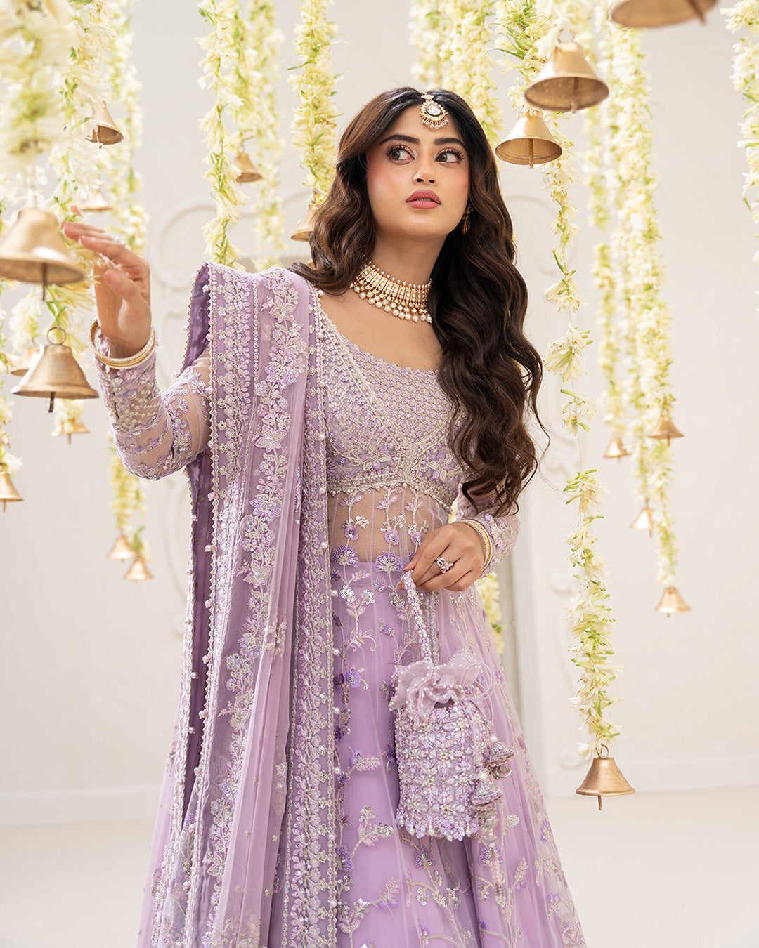 Model Wearing Faiza Saqlain Pinar Lilac Jacket Shirt with Lehnga for wedding wear - Pakistani Designer Wear for Women in UK | Kifat