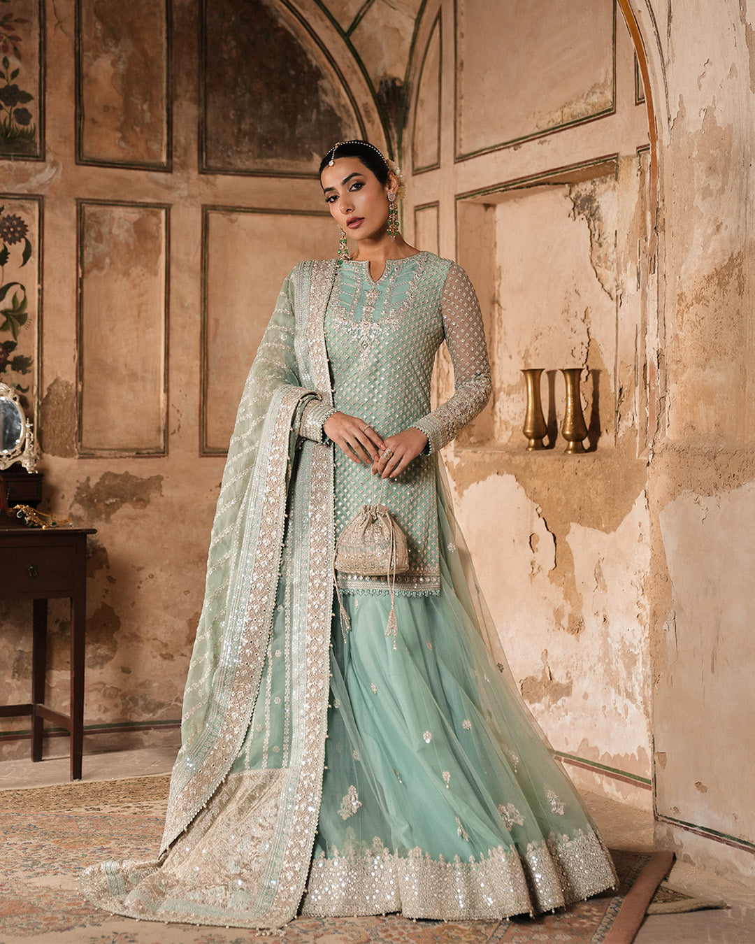 Model Wearing Faiza Saqlain Valari Pastel Blue Shirt with Sharara for wedding wear - Pakistani Designer Wear for Women in UK | Kifat